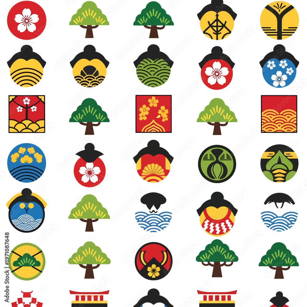 Fototapeta premium Seamless Pattern of Adorable Japanese Traditional Cultural Icons and Symbols