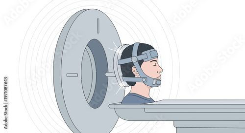 Patient undergoing brain MRI scan with head fixation device for accurate imaging