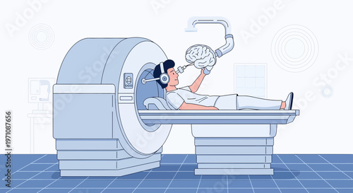 Patient undergoing brain MRI scan with robotic arm assisting, futuristic medical technology