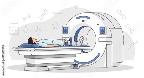 Patient undergoing CT scan for broken leg diagnosis in medical imaging room