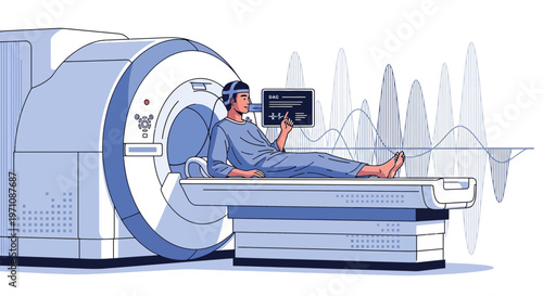 Patient undergoing brain scan in MRI machine with EEG sensors and waveform visualization