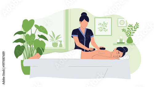 Professional massage therapist providing a relaxing hot stone treatment to a female client in a peaceful spa or wellness center setting.