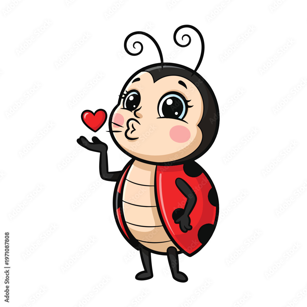 Fototapeta premium Cute Cartoon Ladybug Blowing a Kiss with a Heart Symbol Vector Illustration