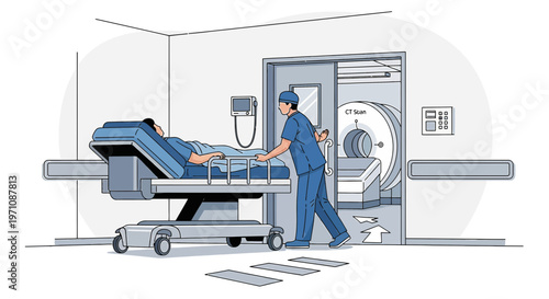 Patient on gurney entering MRI scanner room with medical professional pushing