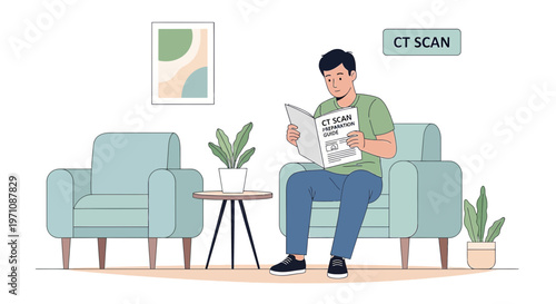 Patient Reading CT Scan Information Brochure in Waiting Room