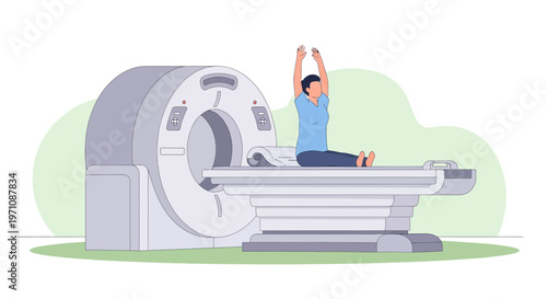 Patient on CT Scanner Bed with Arms Raised, Medical Imaging Technology Concept