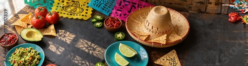 Mexican snack spread with sombrero and lime on rustic table