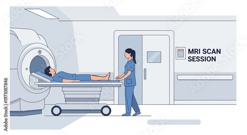 Patient on gurney entering MRI scanner room with nurse, medical imaging concept