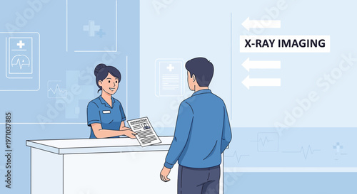Patient receives X-ray imaging results from nurse at hospital reception desk