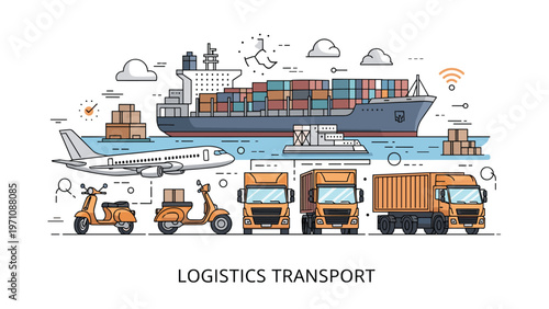 Comprehensive line art illustration showing various modes of logistics and transport including ships, airplanes, trucks, and scooters.
