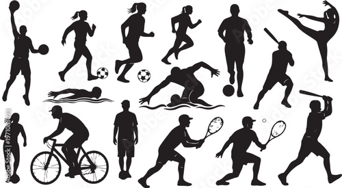 Silhouettes of people engaging in various sports activities together