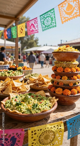 Outdoor market food display with bowls of guacamole and chips