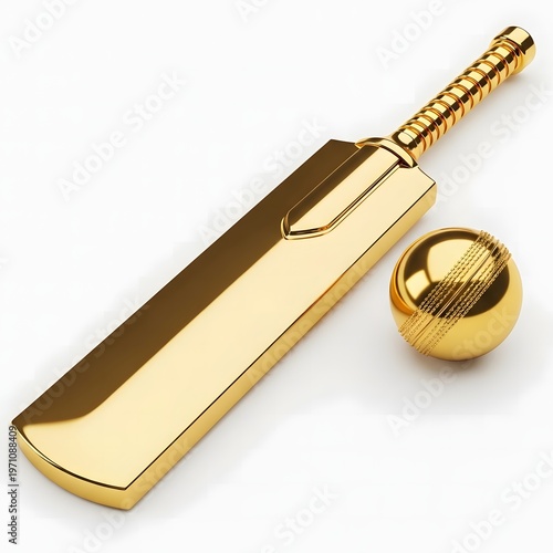 Golden cricket bat and cricket ball isolated on a white background representing sports equipment and athletic competition