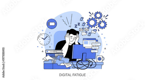 Overwhelmed Office Worker Facing Tech Problems, Notifications, and System Failure Vector
