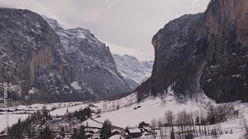 Winter Wonderland in Lauterbrunnen – Drone Photography, Aerial Scenic View of Lauterbrunnen’s Winter Mountains