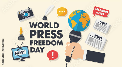 World Press Freedom Day illustration with news icons in informative style with bright colors in flat design for journalism