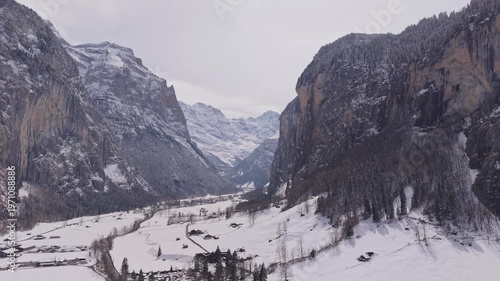 Winter Aerial View of Lauterbrunnen Valley and Swiss Alps