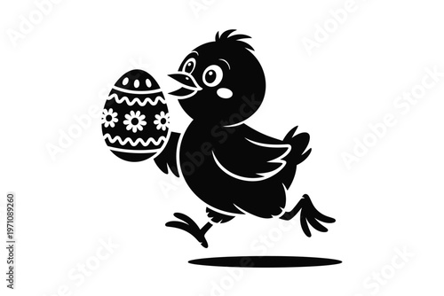 A cartoon bird holding an Easter egg in its beak happily