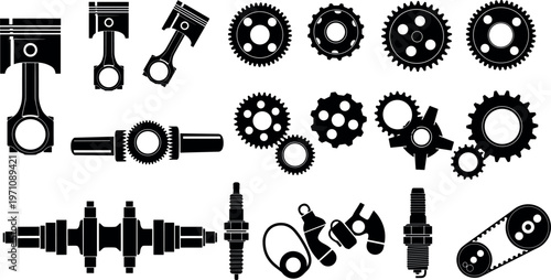 Engine components and gear mechanism icons set with pistons crankshaft cogs spark plugs and mechanical parts vector illustration