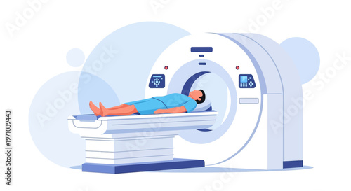 Patient undergoing CT scan in modern medical imaging machine, diagnostic procedure