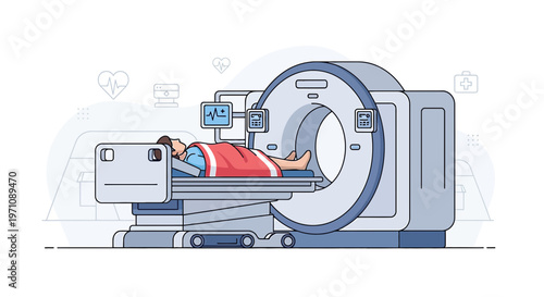 Patient undergoing CT scan in modern medical imaging machine, healthcare concept