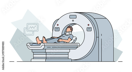 Patient undergoing CT scan in modern medical imaging machine, healthcare concept
