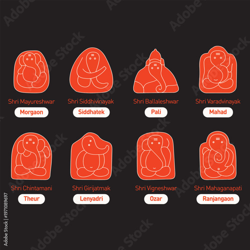 Collection of eight red Ashtavinayak Ganesha symbols with pilgrimage location names and titles.