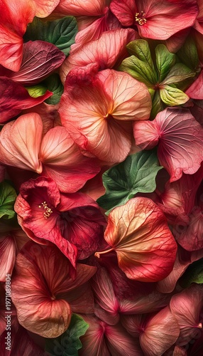 Vibrant Crimson and Rose Floral Mosaic with Lush Green Touches for Natural Elegance and Style