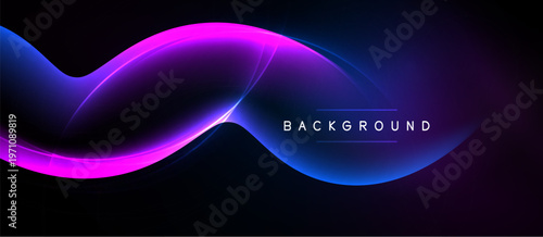 Abstract neon waves flow across dark background. Vibrant blue, pink hues create dynamic visual effect. Text reads BACKGROUND.