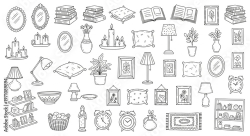 Foto Collection of various home decor items in a sketch style.