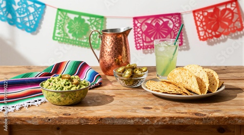 Guacamole and chips arranged with pitcher and drink on table