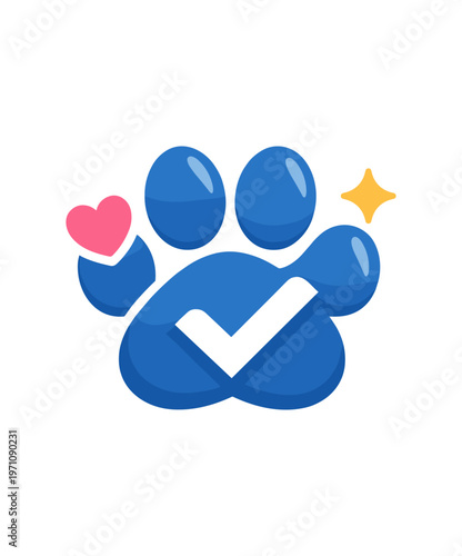 Paw print icon. pet check, found safe, lost pet recovered, animal rescue, shelter, verified, heart and sparkle. flat vector illustration isolated on white background.