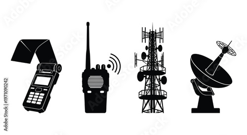 A collection of black and white communication devices and towers