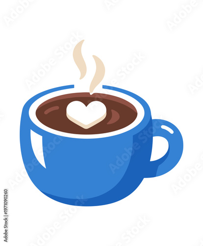 Hot cocoa cup icon. cocoa, hot chocolate, warm beverage, steam, marshmallow heart, cafe, sweet cozy drink. flat vector illustration isolated on white background.