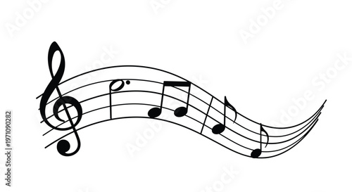 Flowing musical staff with treble clef and various black notes on a white background for creative design projects and posters.