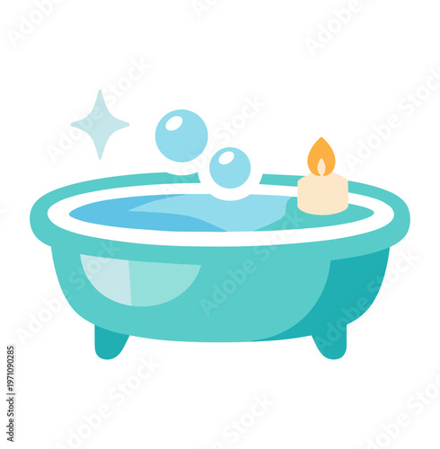 Bath soak scene. bathtub soak, bubble bath, candle, self care, relaxation, spa time. flat vector illustration isolated on white background.