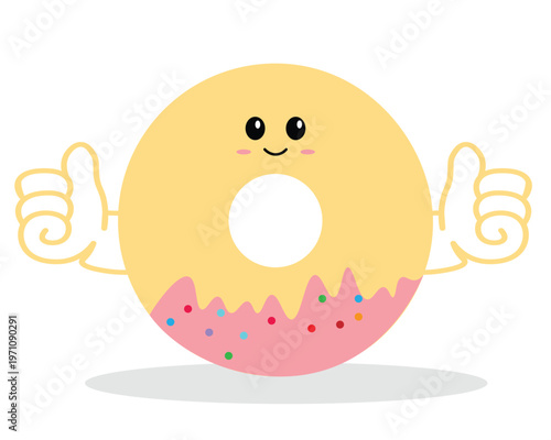 Adorable cartoon donut character with pink strawberry icing and colorful sprinkles giving thumbs up.