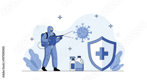 Professional worker in a blue protective hazmat suit spraying disinfectant to kill viruses and protect public health in a city.