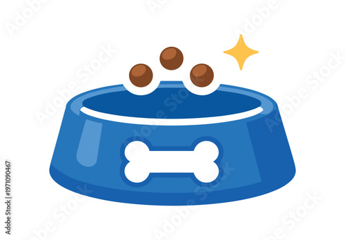 Dog food bowl icon. pet bowl, kibble, dog food, feeding dish, bone emblem. meal time, nutrition, pet care, feeding, bowl with kibble. flat vector illustration isolated on white background.