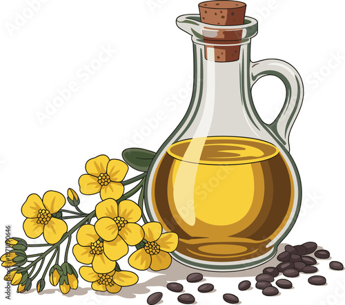 Canola Oil Bottle with Flowers and Seeds, Healthy Cooking Ingredient, Stock Illustration