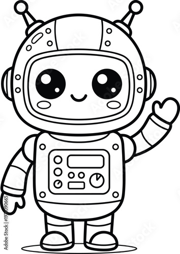 Cute cartoon robot astronaut coloring page for kids featuring a friendly waving droid with big eyes and a space helmet vector illustration