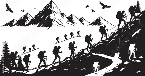 Hikers Climbing Mountain with Dog and Scenic View Background