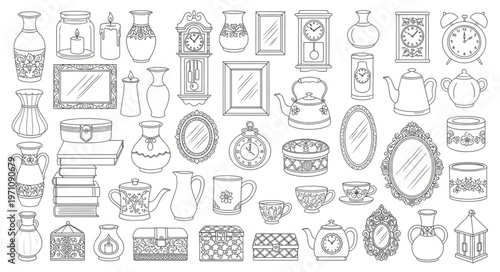 Collection of various antique decorative items and objects.