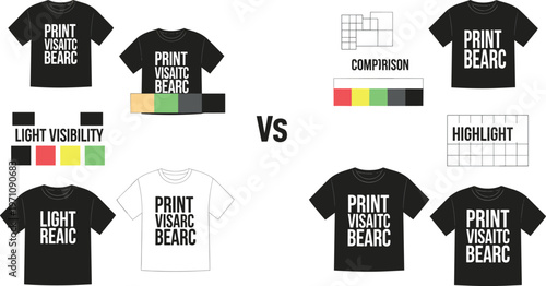 T Shirt Print Visibility Comparison Showing Color Contrast, Highlight and Readability Differences for Typography Design on Dark and Light Apparel