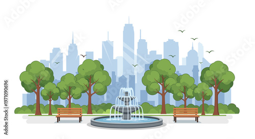 Beautiful city park with a central multi-tier fountain, wooden benches, green trees, and an urban skyline silhouette in the blue background.