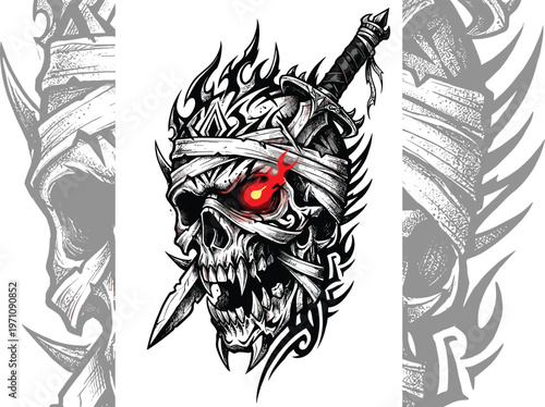 Gothic tribal mummy skull illustration with sword, glowing red eye, bandaged design, dark horror fantasy artwork, symmetrical grayscale background