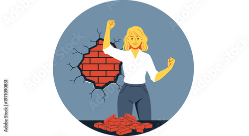 Woman breaks through brick wall with fury and determination indoors dramatically