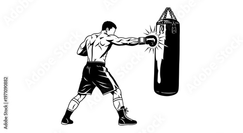 Man punches heavy bag in gym with intense boxing training session