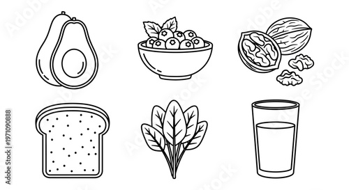 A set of healthy food items including avocado, nuts, bread, wheat, and a glass of milk