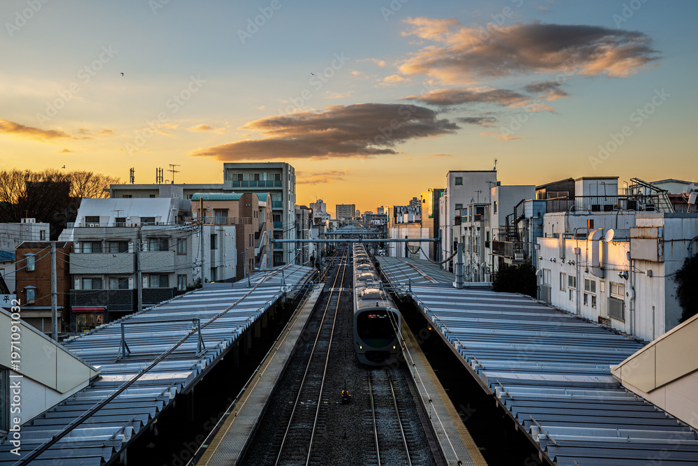 Obraz premium Symmetrical perspective of a commuter train on the railway tracks at Shiinamachi Station during a glowing golden hour sunset in Tokyo, Japan